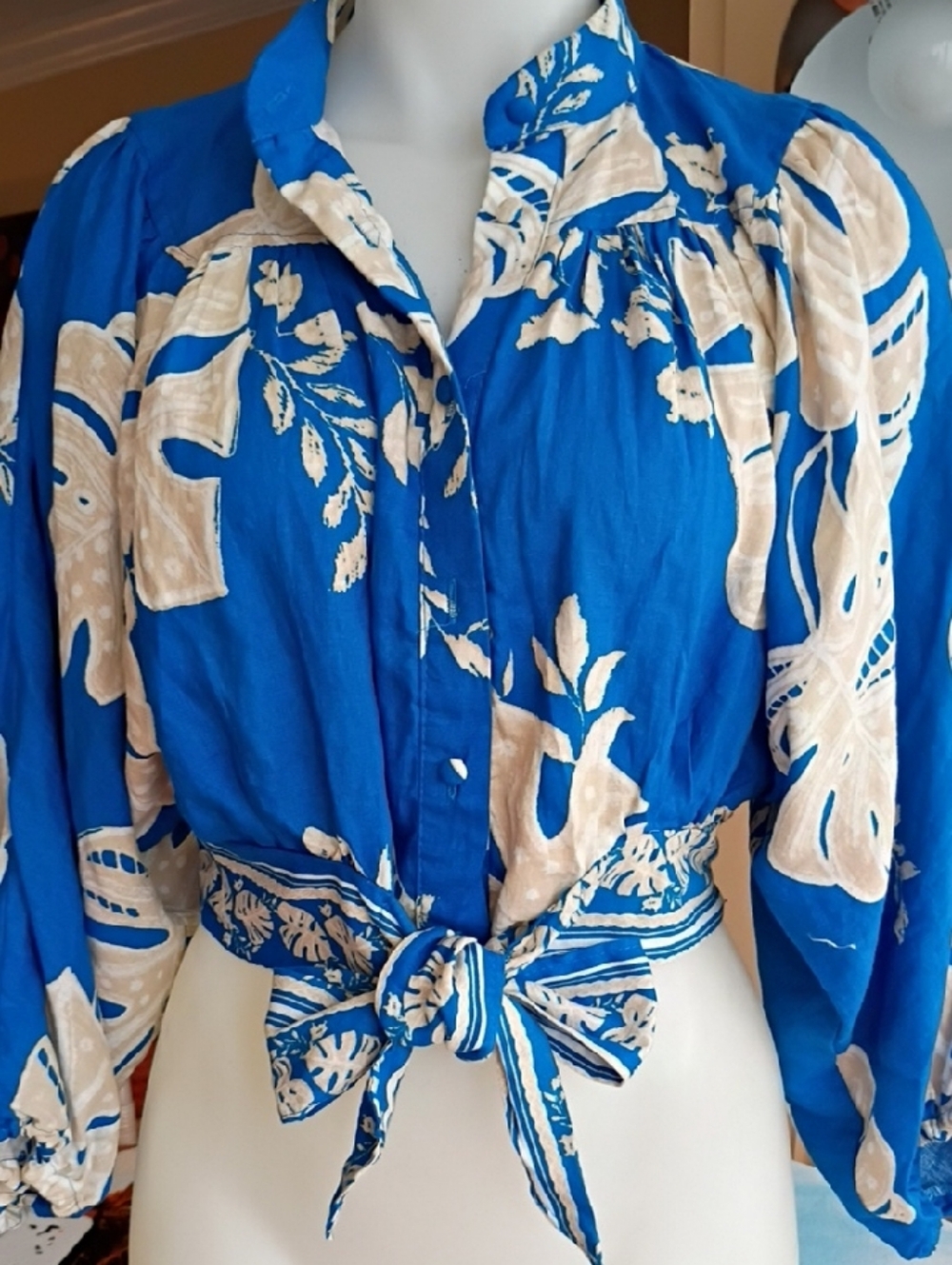 Rachel Zoe Royal Blue and Cream Floral Tie-Front Button-Down Blouse